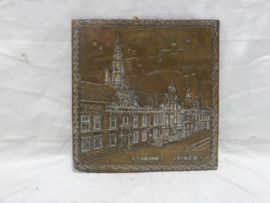 art nr: 958 antieke kopergravure van het Stadhuis in Leiden