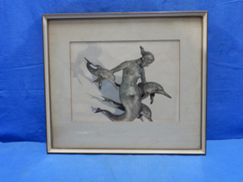 art nr: 641 vintage kunstwerk schilderij met naakte vrouw op dolfijn