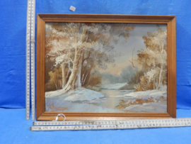 art nr: 677 vintage schilderij van Karremans, bospad in de sneeuw