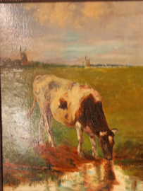 art nr: 475 vintage schilderij met koe afgebeeld