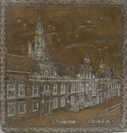 art nr: 958 antieke kopergravure van het Stadhuis in Leiden