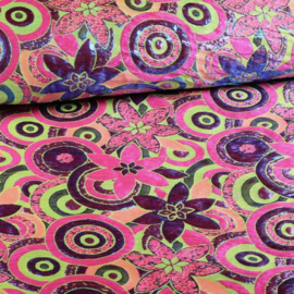 Jaquard bloem multicolor fuchsia/lime/paars lurex