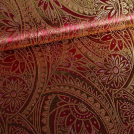 Jacquard fantasie bloem bordeaux rood met goud lurex