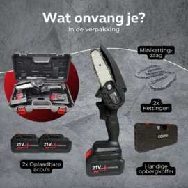 Mini kettingzaag - Snoeizaag 4 Inch - Kettingzaag - Kettingzaag Electrisch met 2 Accu en 3 Zaagketting - Inclusief Koffer Zwart