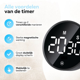 COCHO® Digitale Timer - Pomodoro Timer - Digitale Kookwekker - Magnetisch - LED Scherm - Draaiknop - Keukentimer