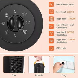 Elektrische kachel – 3 standen – Ventilatorkachel - Met omvalbeveiliging en oververhittingsbeveiliging - Draaifunctie - Verwarming - wit /1500W