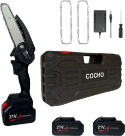 COCHO® Mini kettingzaag 6 Inch - Snoeizaag - Kettingzaag - Kettingzaag Electrisch met 2 Accu en 2 Zaagketting - Inclusief Koffer Zwart