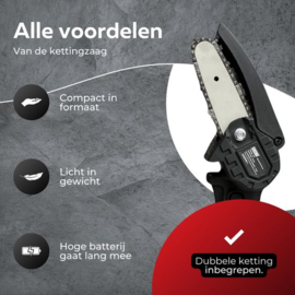 Mini kettingzaag - Snoeizaag 4 Inch - Kettingzaag - Kettingzaag Electrisch met 2 Accu en 3 Zaagketting - Inclusief Koffer Zwart