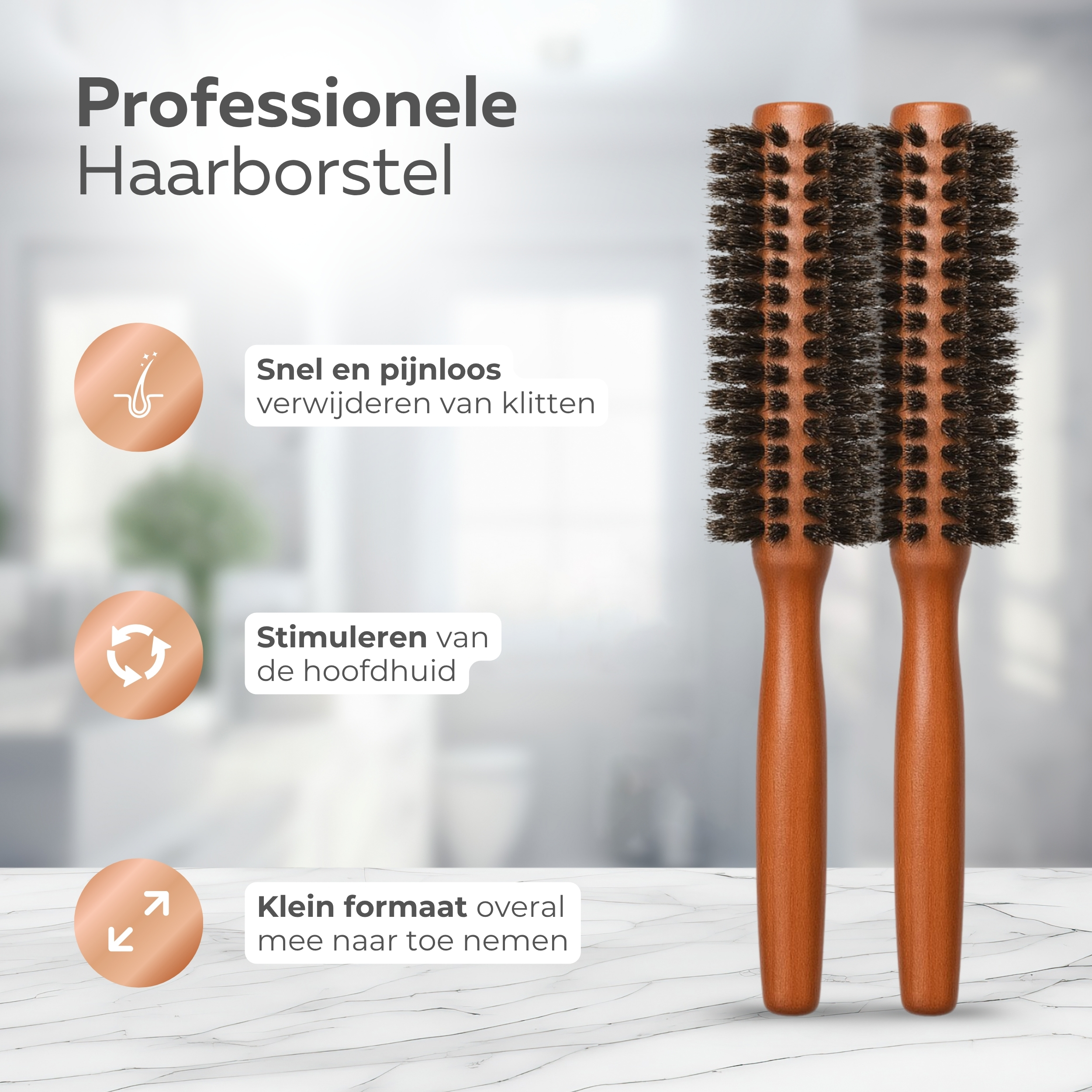 COCHO® Ronde haarborstels met wildzwijnhaar - 2 stuks - Houten borstels met natuurlijke haren - Antistatisch en hittebestendig