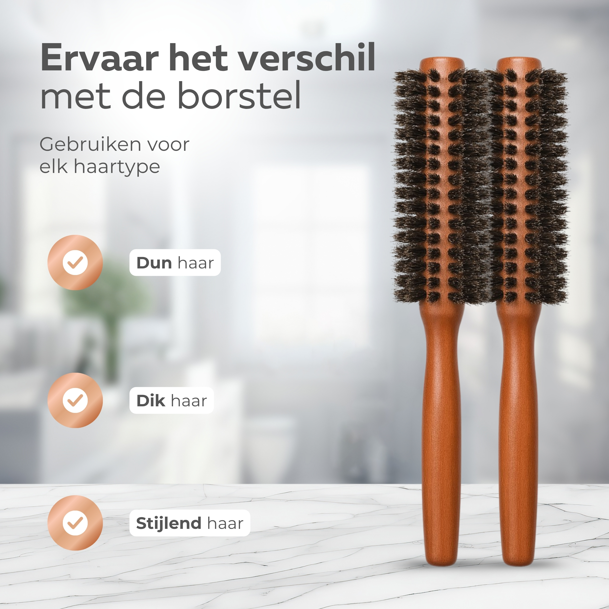 COCHO® Ronde haarborstels met wildzwijnhaar - 2 stuks - Houten borstels met natuurlijke haren - Antistatisch en hittebestendig