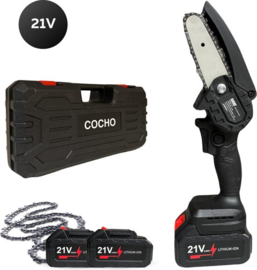 Mini kettingzaag - Snoeizaag 4 Inch - Kettingzaag - Kettingzaag Electrisch met 2 Accu en 3 Zaagketting - Inclusief Koffer Zwart
