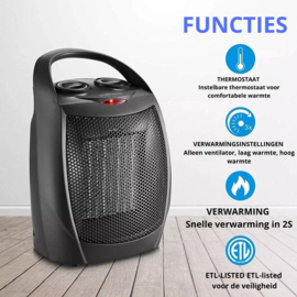 Elektrische Kachel – 3 standen – Ventilatorkachel - Met omvalbeveiliging en oververhittingsbeveiliging - Draaifunctie - Zwart / 2000 W