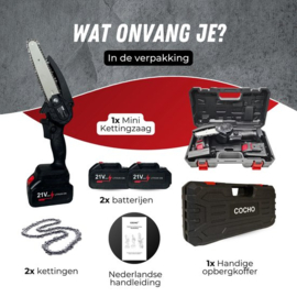 COCHO® Mini kettingzaag 6 Inch - Snoeizaag - Kettingzaag - Kettingzaag Electrisch met 2 Accu en 2 Zaagketting - Inclusief Koffer Zwart