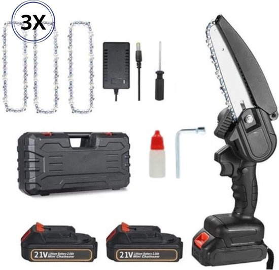 Mini kettingzaag - Snoeizaag 4 Inch - Kettingzaag - Kettingzaag Electrisch met 2 Accu en 3 Zaagketting - Inclusief Koffer Zwart