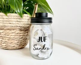 Gepersonaliseerd juf cadeau – Glazen pot met theelichthouder | Zwart