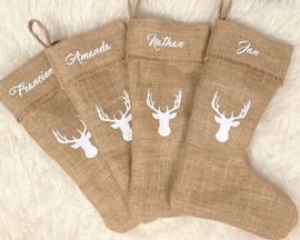 Jute kerstsok met naam (witte bedrukking)