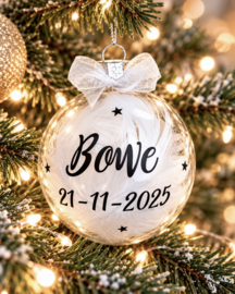 Transparante glazen kerstbal met naam, datum en sterretjes (7 cm)