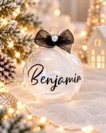 Transparante Kerstbal met Veren en Naam  (7 cm)