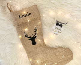 Jute kerstsok met naam (zwarte bedrukking)
