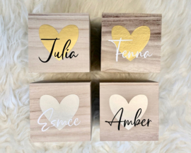 Houten spaarpot met naam | Hart | Goud/Zilver