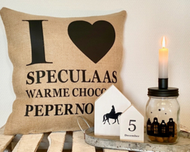 Sinterklaas kussen “I love speculaas, warme chocola, pepernoten”