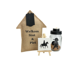 Sinterklaas decoratieset met jute huisje, glazen pot en schilderdoekje