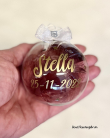 Transparante Glazen Kerstbal met Naam, Datum en Sterretjes (7 cm)