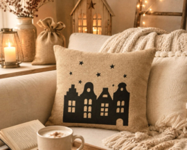 Sinterklaas huisjes – Jute kussen 40 x 40 cm