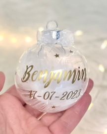 Transparante Glazen Kerstbal met Naam, Datum en Sterretjes (7 cm)