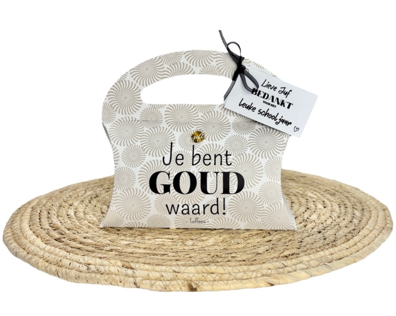 Cadeau juf – Snoeptasje ‘Je bent goud waard’ met toffees