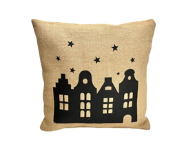 Sinterklaas huisjes – Jute kussen 40 x 40 cm