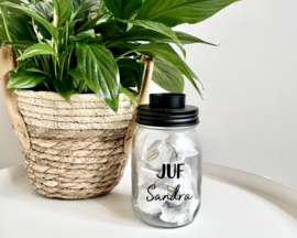 Gepersonaliseerd juf cadeau – Glazen pot met theelichthouder | Zwart
