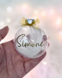 Transparante Kerstbal met Veren en Naam  (7 cm)