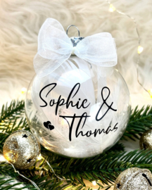 Transparante Glazen Kerstbal met 2 Namen en Veren (8 cm)