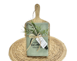 Gepersonaliseerde Housewarming Cadeauset – Theedoek, Snijplank & Garde