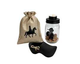 Sinterklaas decoratieset met pepernotenzakje, glazen pot en houten klomp