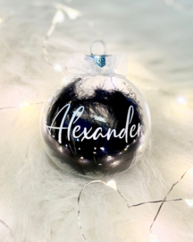 Transparante Kerstbal met Veren en Naam  (7 cm)