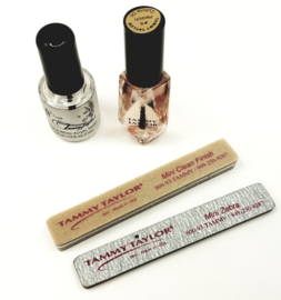 TAMMY TAYLOR MAINTANANCE KIT IN LOGO BAG  2 NAILS FILES, 1 CUTICUL OIL,PINK&WHITE ACRYLIC SEALER,
