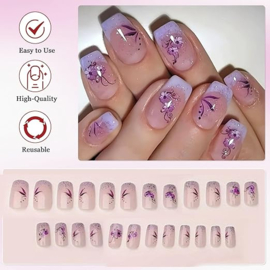 24 stuks press-on nagels, middelgroot, vierkant, lichtpaars, French manicure, om op te plakken, paarse bloemen, acryl, glanzend, voor vrouwen en meisjes