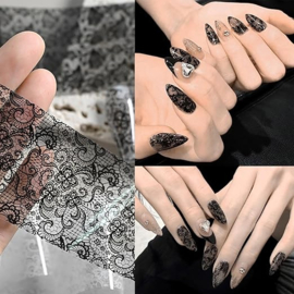 Kanten nagelfolie - Zelfklevende transferfolie voor creatieve styling | Decoratieve folie met manicuredesign, 1 rol zwart-wit bloemenpatroon, geschikt voor thuis, in de salon en op reis, voor vrouwen en meisjes
