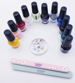 KONAD PROFESSIONAL STAMPING NAIL ART BEST WAY TO MANAGE YOUR HANDS PERFECT -10 NAIL POLISHES 11 ML 1 TOP COAT NAIL FILE, STONES, STAMPING AIL POLISH-GOLD METAL  15 ML MADE IN KOREA