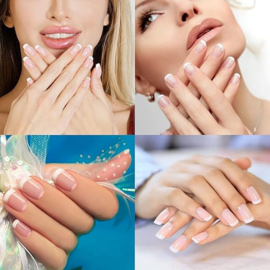 24 stuks press-on nagels, middelgroot, vierkant, lichtpaars, French manicure, om op te plakken, paarse bloemen, acryl, glanzend, voor vrouwen en meisjes