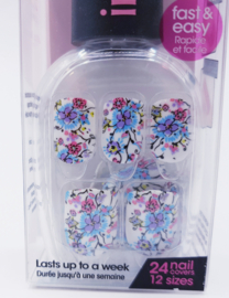 PRESS-ON MANICURE 24 NAIL 24 stuks press-on nagels, middelgroot, vierkant, lichtpaars, om op te plakken, paarse bloemen, acryl, glanzend, voor vrouwen en meisjes