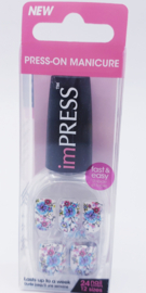 PRESS-ON MANICURE 24 NAIL 24 stuks press-on nagels, middelgroot, vierkant, lichtpaars, om op te plakken, paarse bloemen, acryl, glanzend, voor vrouwen en meisjes
