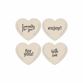 Cadeaulabel | Kraft | Hartjes met tekst - 4 stuks