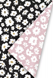 Inpakpapier | Flowers | Zwart / goud / roze - 3 meter