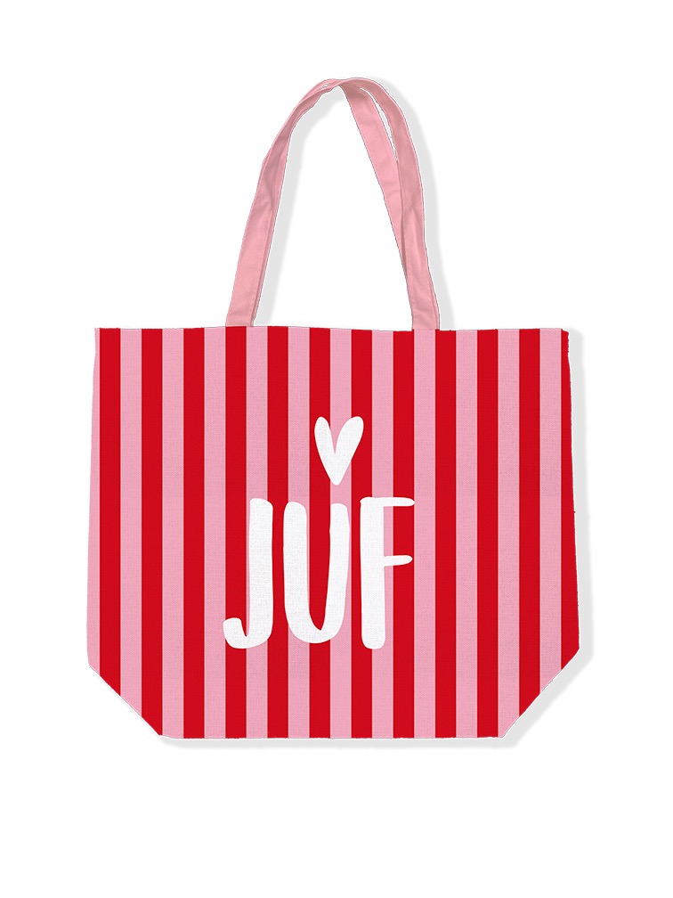 Canvas tas | Juf | Gestreept | Roze en rood