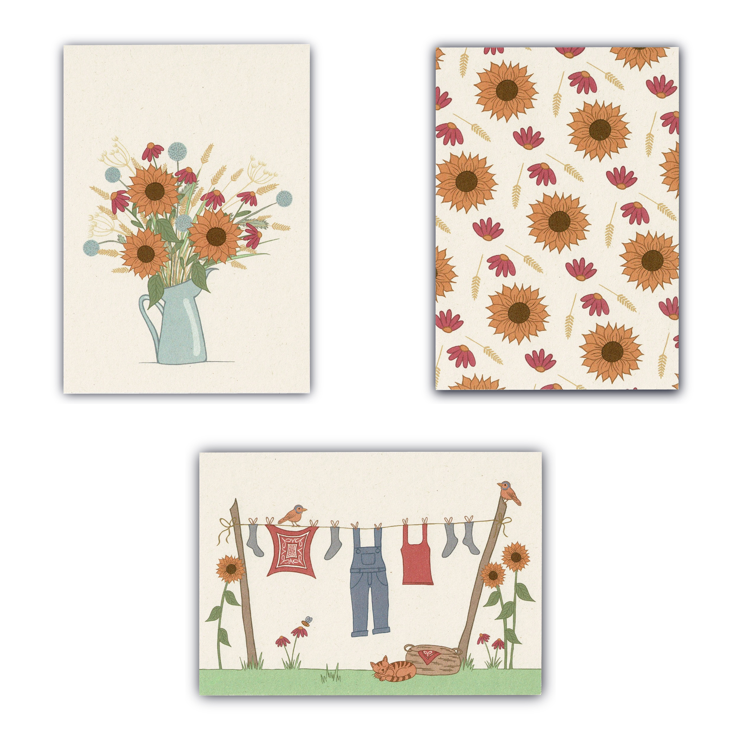 Setje met 3 ansichtkaarten (Zonnebloemen)