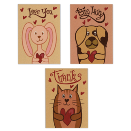 Setje met 3 ansichtkaarten (hond, kat, konijn)