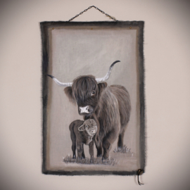 Wanddoek hooglander met kalf